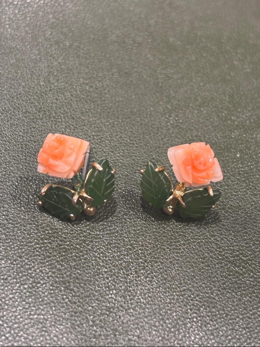SOLDCoral Rose and Green Jade Leaf Stud Earrings - Elegant Floral  vintage